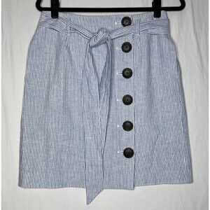 Boden Womens Linen 6P Leonora Blue White Striped Tie Waist Lined Pencil Skirt